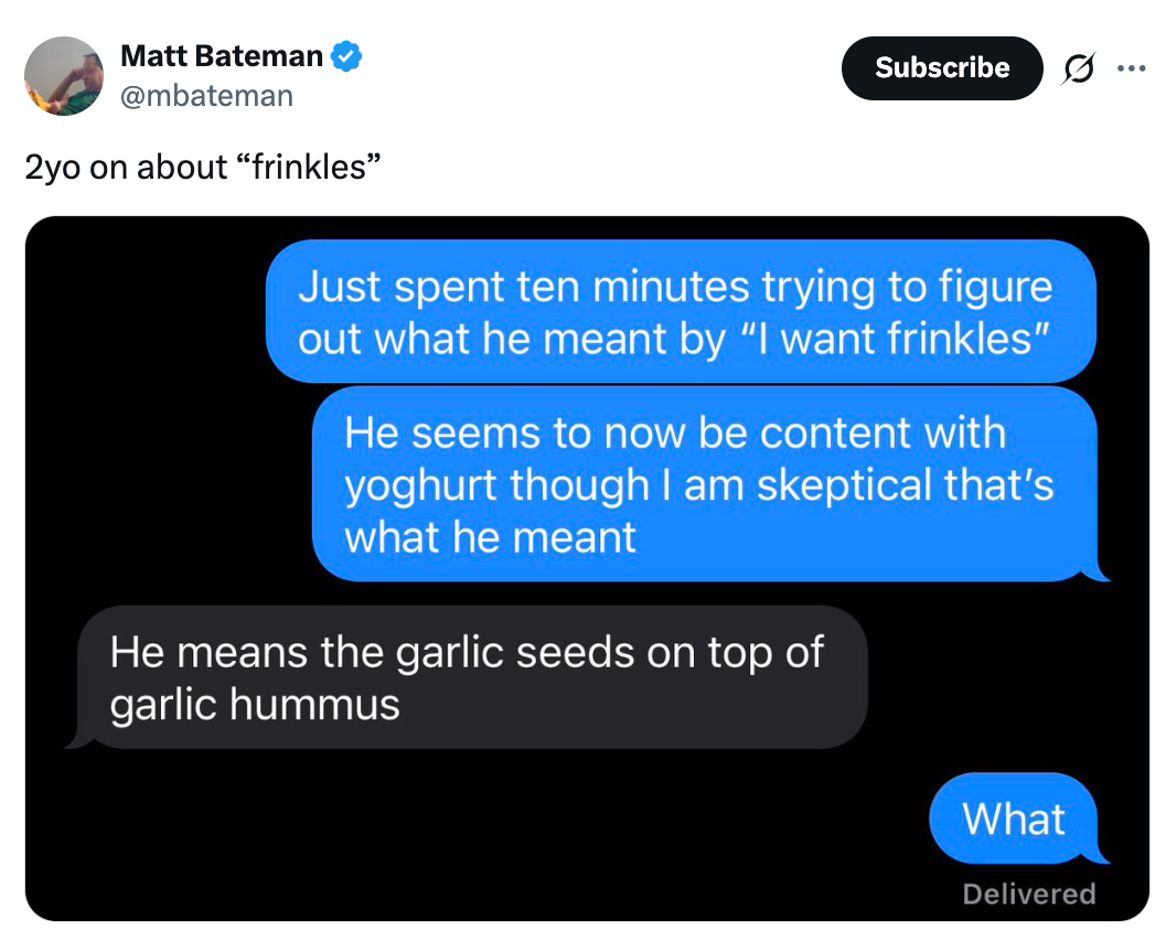 Text exchange about a toddler wanting "frinkles," revealed to be garlic seeds on hummus