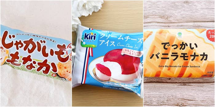 3つのアイスクリーム製品のパッケージ。左から、じゃがいももなか、クリームチーズアイス、でっかいバニラモナカ。