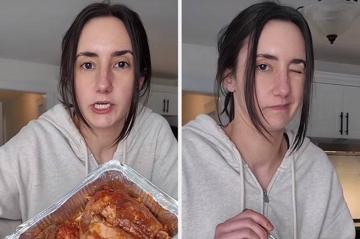 女性がアルミトレイの料理を持ちながらウィンクしている様子。カジュアルなパーカー姿。