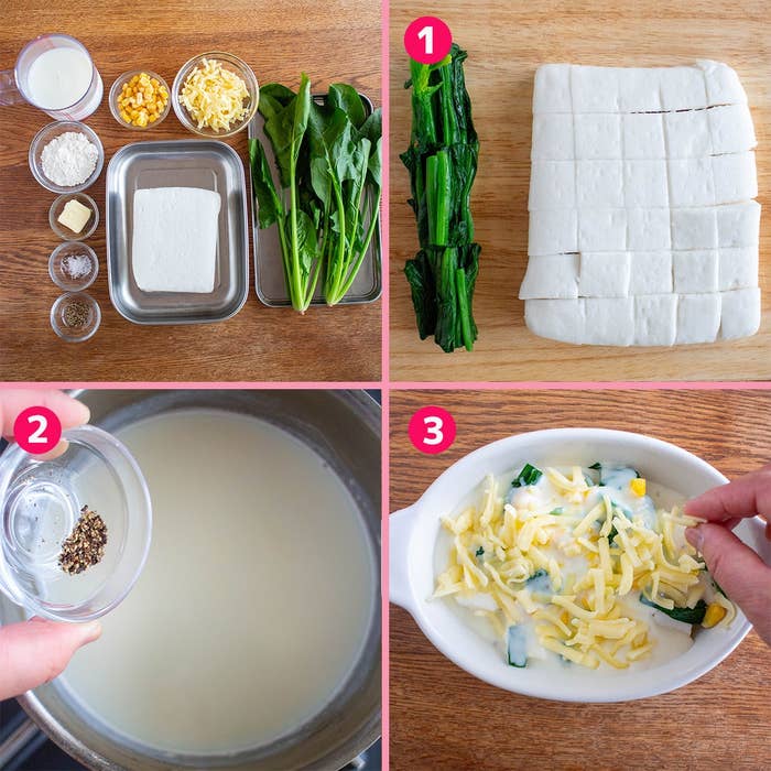 調理手順のコラージュ画像。豆腐、野菜、チーズの調理。1:材料準備。2:調味料追加。3:耐熱皿での加熱準備。