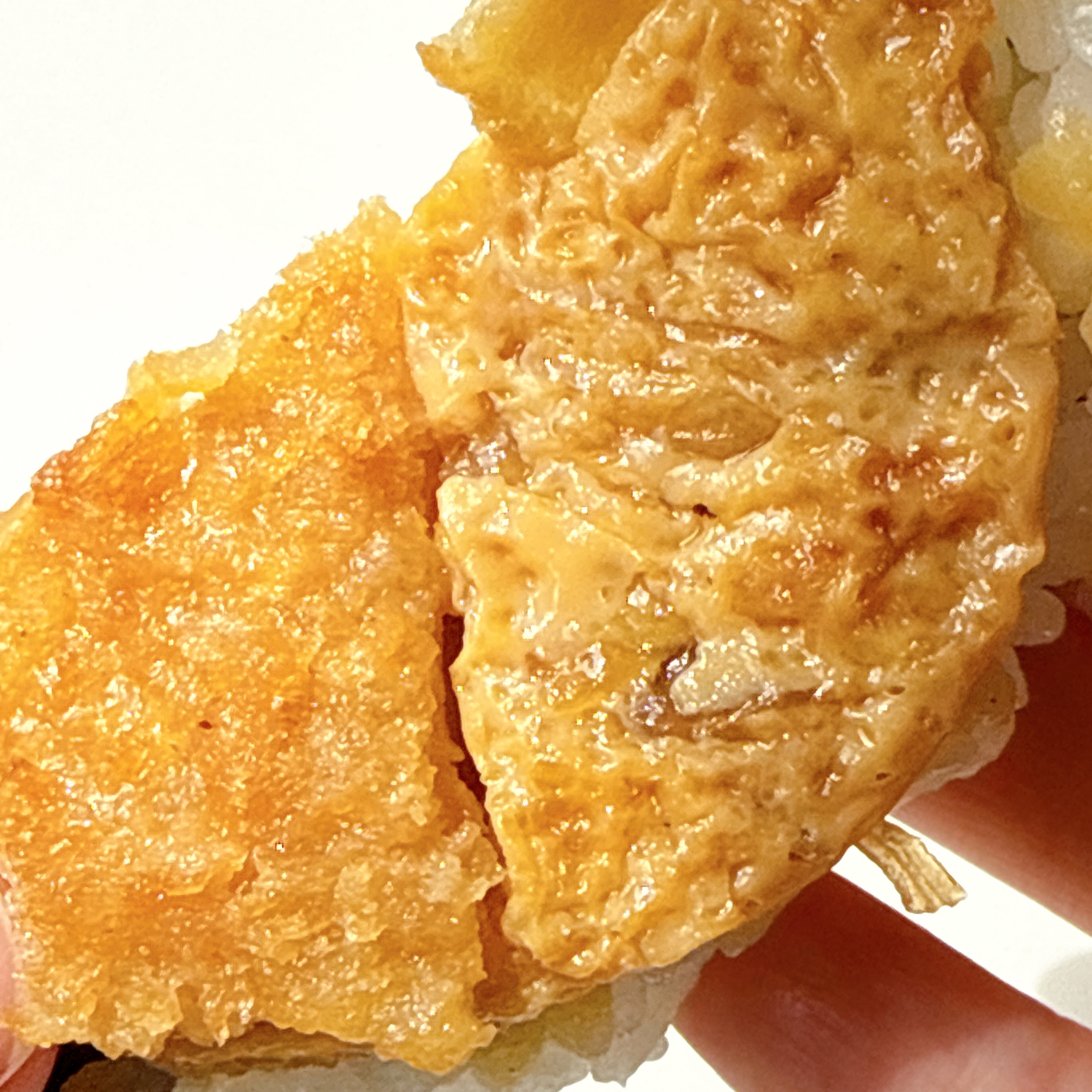 手に持たれた美味しそうな寿司のクローズアップ。クリスピーな食感の具が特徴的。