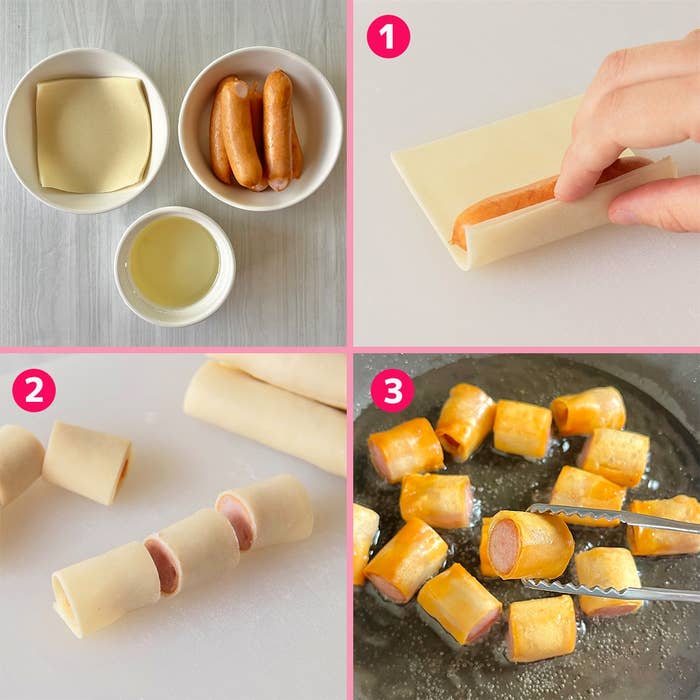 ソーセージをワンタンの皮で巻いて揚げる手順を示す4コマ画像。