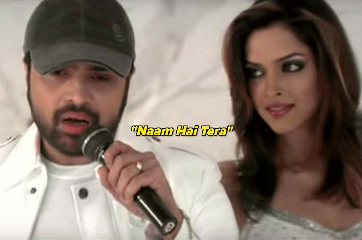 A man in a cap and white jacket sings into a microphone next to a woman with styled hair. Text reads: "Naam Hai Tera."