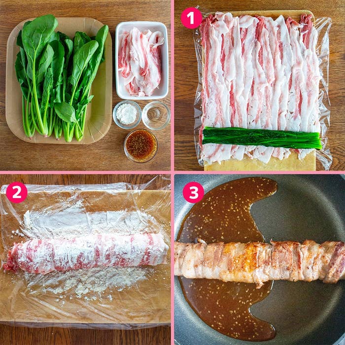 ほうれん草とベーコンを巻き、フライパンで焼く過程を示す4つのステップの料理ガイド。
