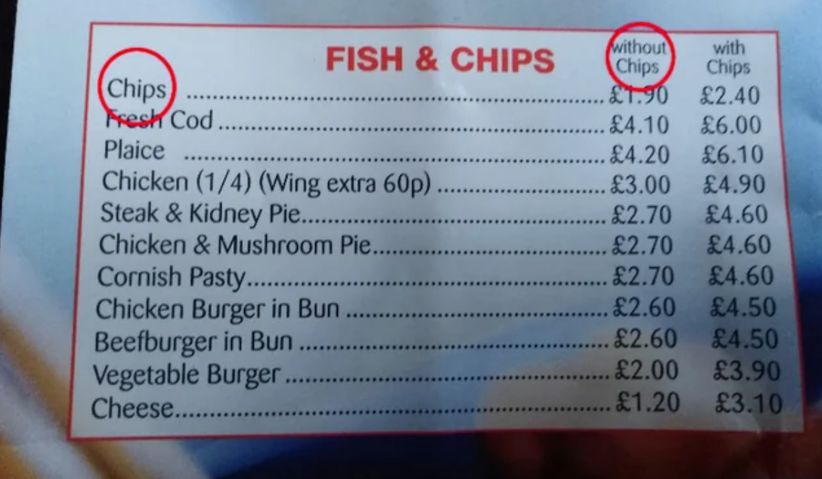 Menu showing prices for various items with and without chips, like chicken, steak pie, pasty, and burgers. Chips cost extra
