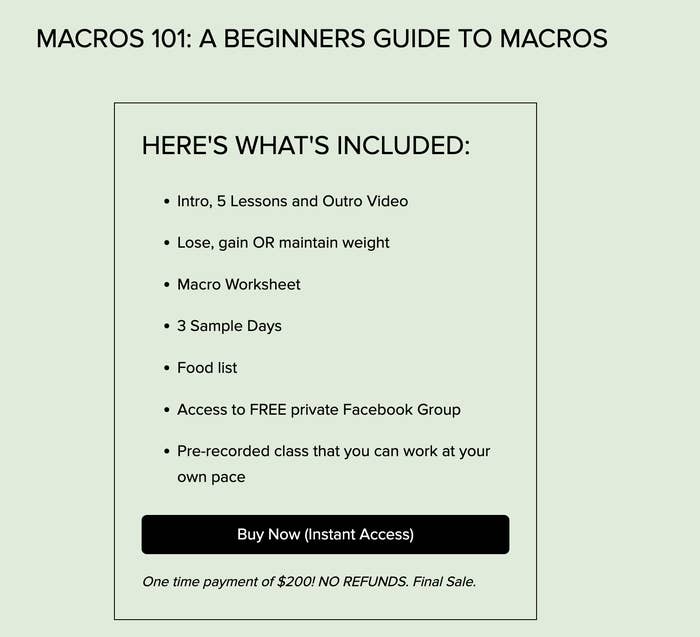 Summary of text: "Macros 101: Beginner's Guide includes videos, worksheet, food list, private Facebook group, class access. $200 one-time payment, no refunds."