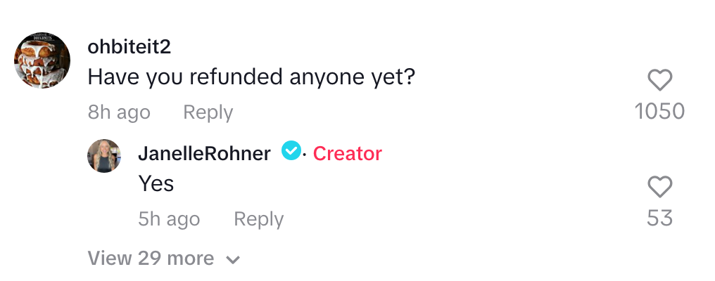 Comment exchange: "Have you refunded anyone yet?" "Yes," with numerous likes