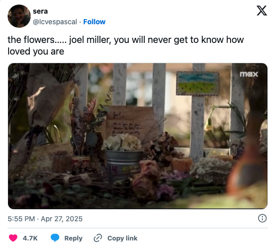 A heartfelt memorial with flowers and a note is displayed, captioned with a poignant message about Joel Miller