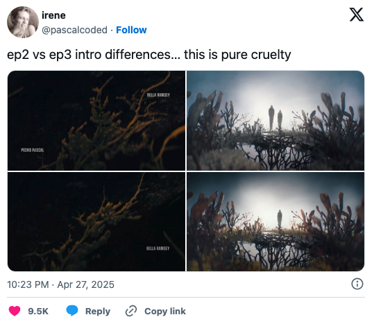 Split image showing two intro scenes comparing episode 2 and 3 with text indicating "pure cruelty" in visual differences