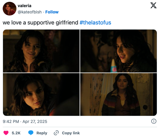 Collage of various scenes featuring Dina. Text: "We love a supportive girlfriend. #thelastofus"