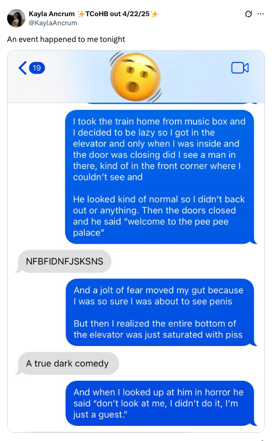 Summary of a humorous text conversation about an elevator encounter, involving an unexpected situation and a surprising revelation
