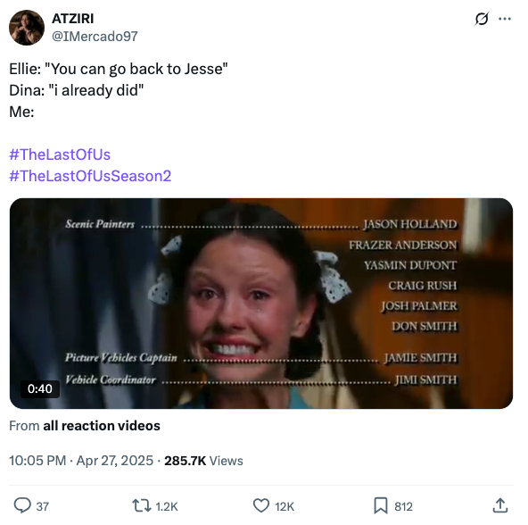 Image of a person crying behind end credits of a TV show episode. Text: "Ellie: 'You can go back to Jesse' Dina: 'I already did' Me:"