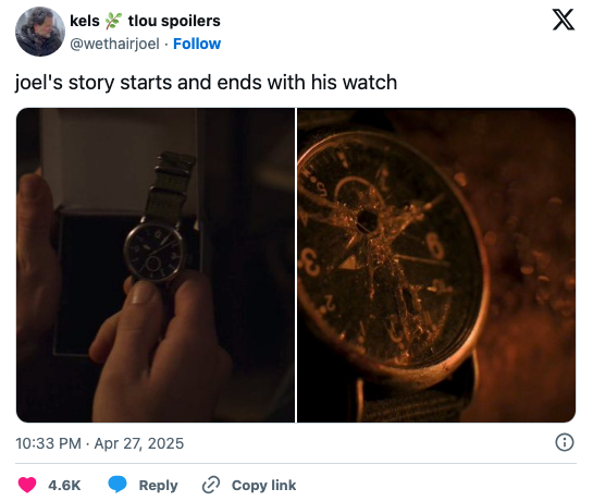 Two images of a watch: the first shows someone holding it, and the second shows it in close-up detail. Caption: "Joel's story starts and ends with his watch."