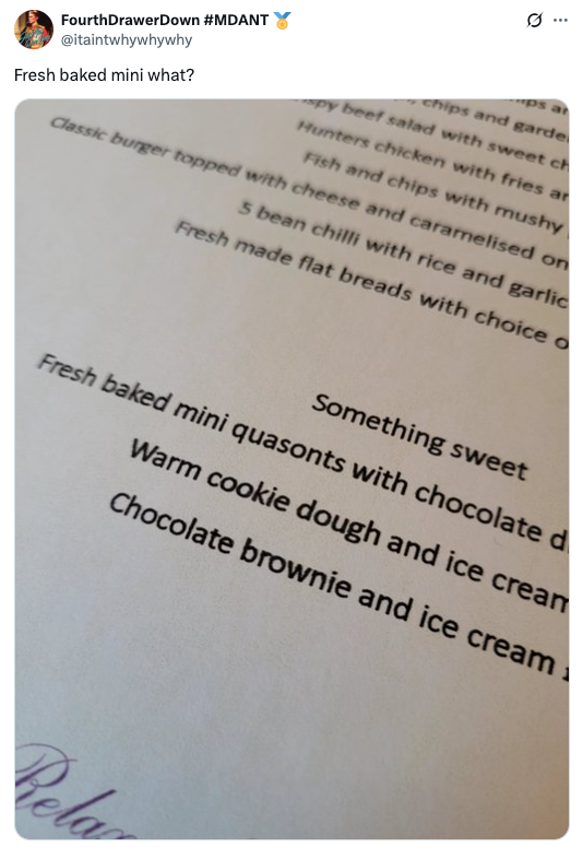 Menu with dessert options, including fresh baked mini croissants with chocolate dip, warm cookie dough with ice cream, and chocolate brownie with ice cream
