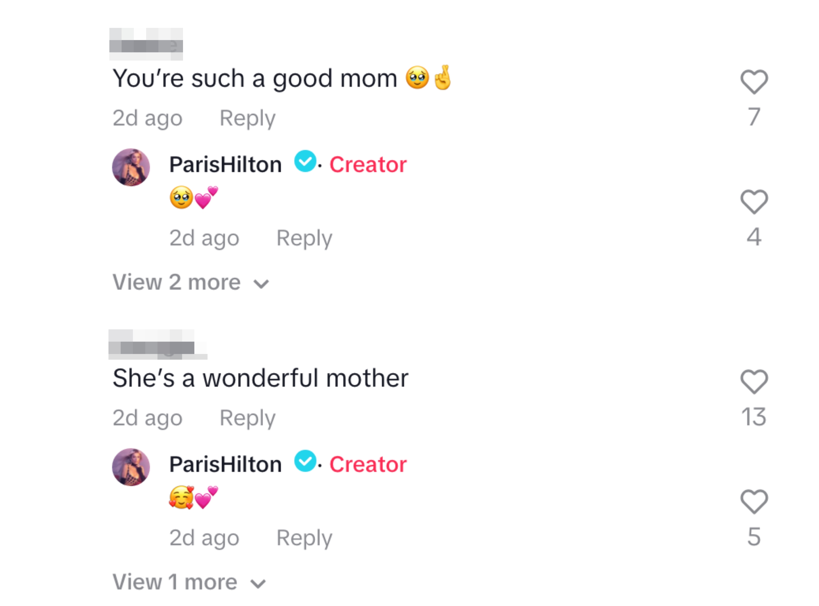 Social media comments praising Paris Hilton for being a good mom, and Paris replying