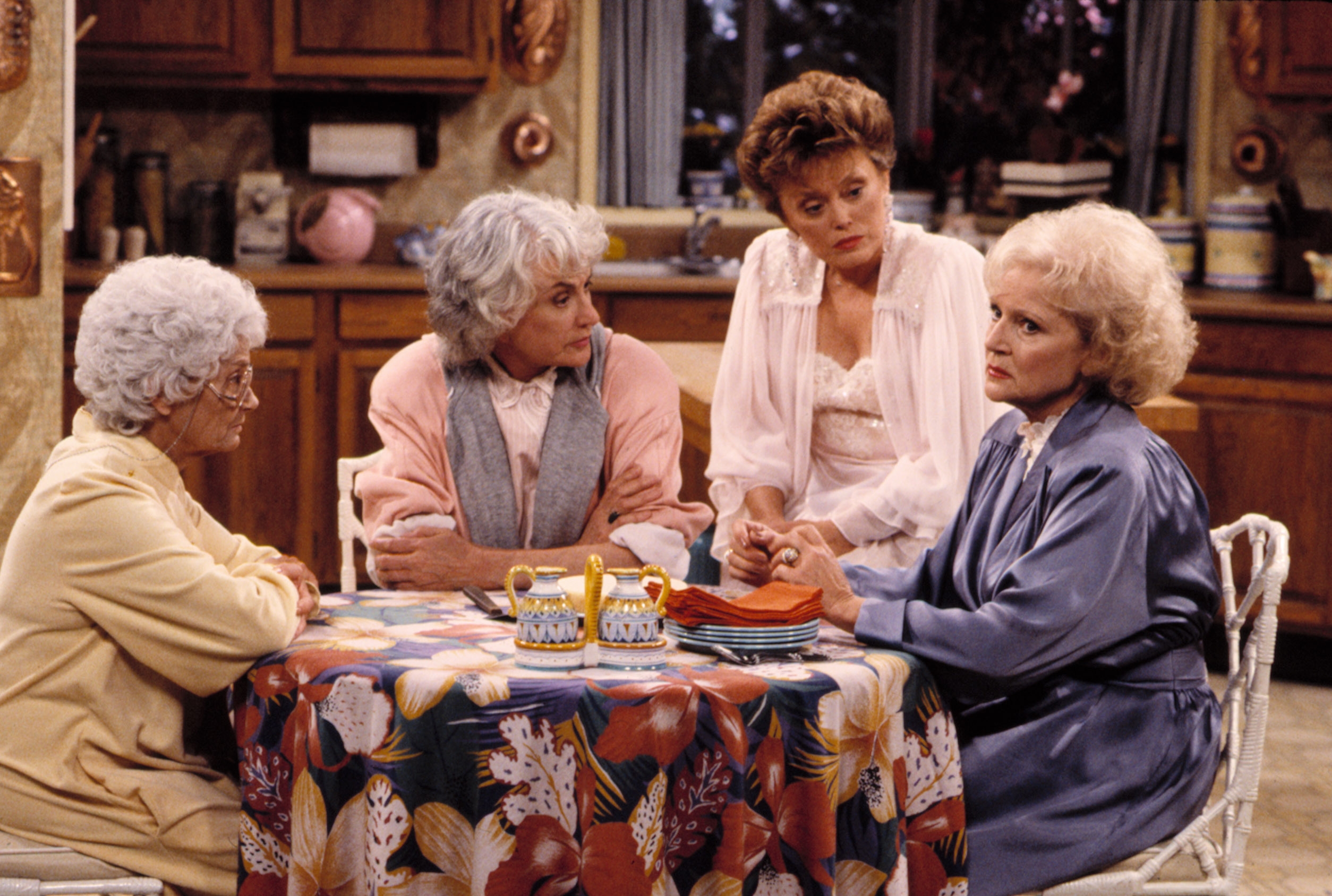 Estelle Getty, Bea Arthur, Rue McClanahan, and Betty White in "The Golden Girls."