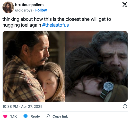 Split image of Tommy hugging Ellie vs. Joel hugging Ellie with the caption, "Thinking about how this is the closest she will get to hugging Joel again"