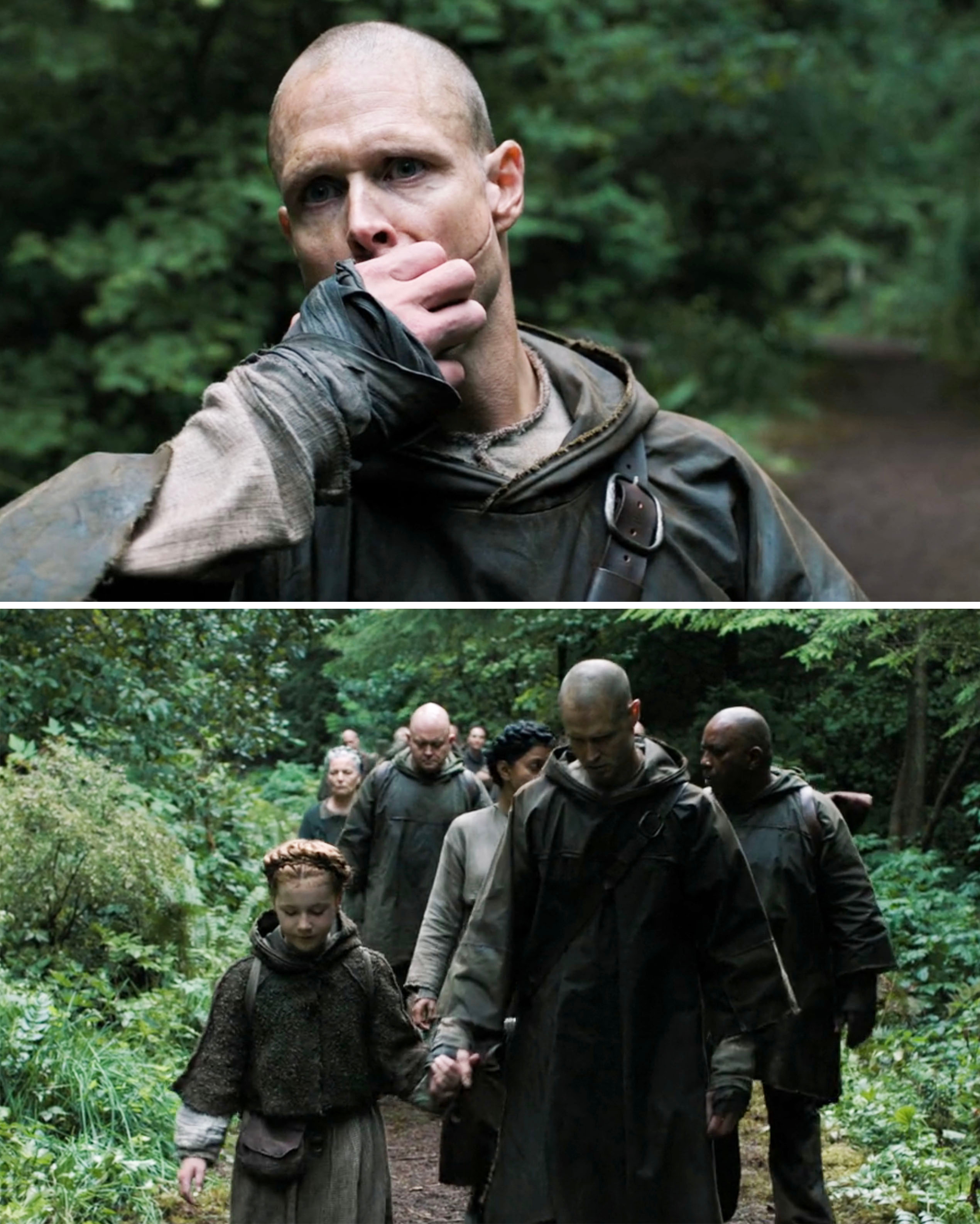 A group of people with scars on their cheeks in baggy coats and clothing. One whistles