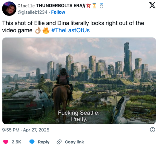 Scenic post-apocalyptic Seattle cityscape from "The Last of Us," featuring characters Ellie and Dina on horseback, with ruins and skyscrapers in view. Tweet remarks on how it looks just like the video game