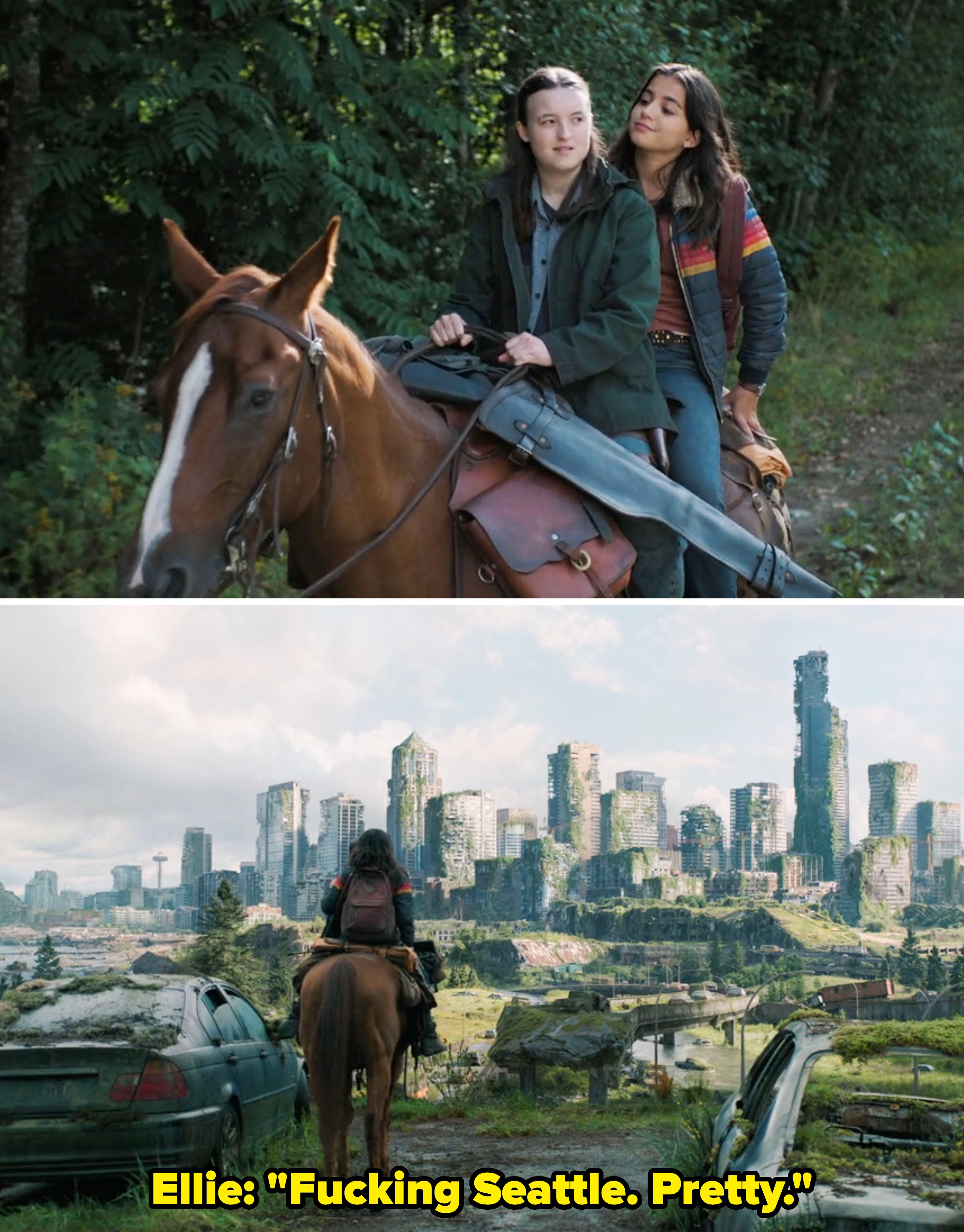 Dina and Ellie riding a horse together, and then looking at the Seattle skyline with Ellie remarking that it's pretty