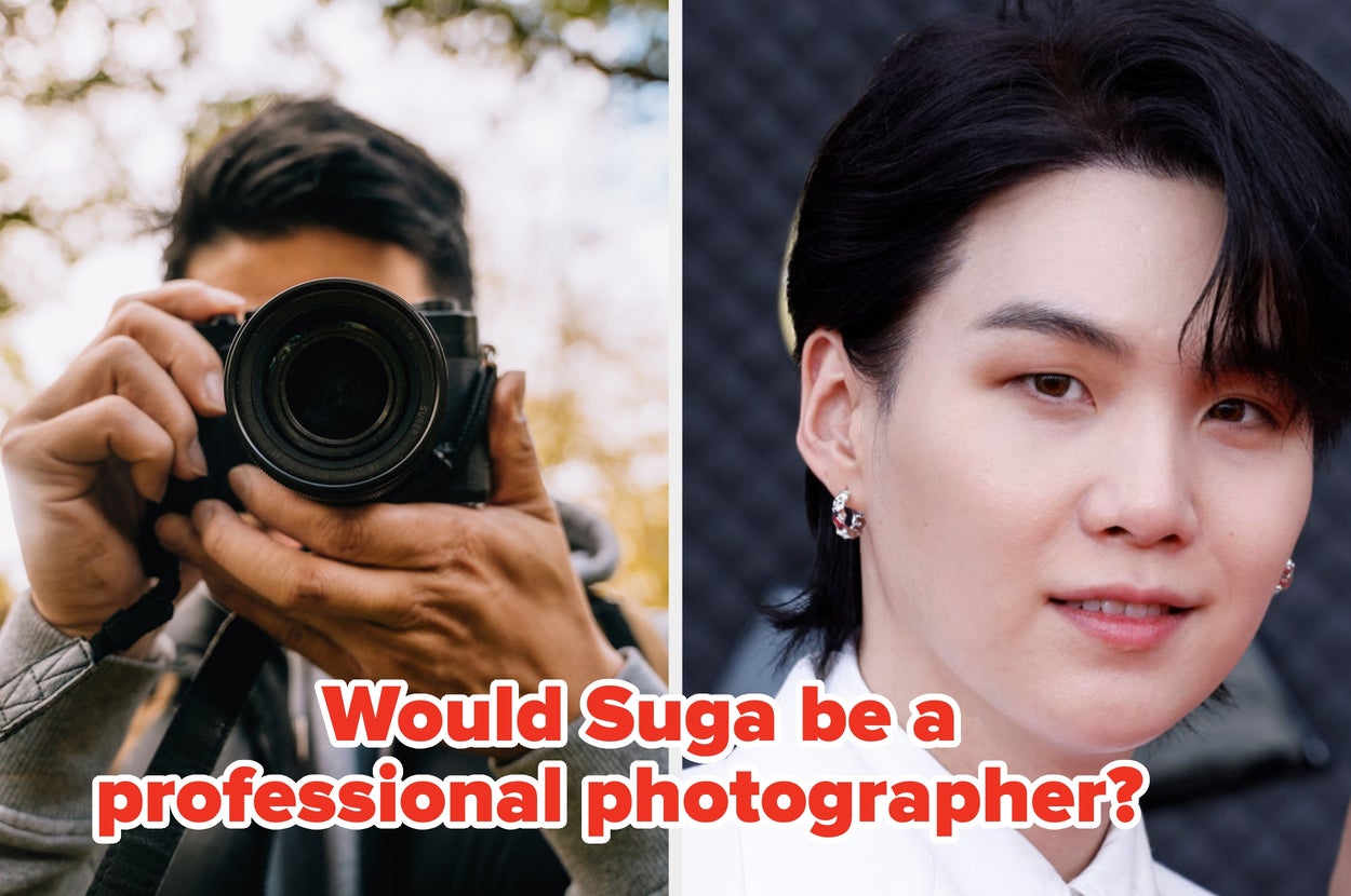 Person taking a photo with a camera; another person smiling. Text asks if Suga would be a professional photographer
