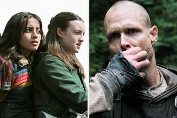 Ellie and Dina riding on a horse together vs. a man with scars on his cheeks, whistling. Both scenes from &ldquo;The Last of Us&rdquo; Season 2
