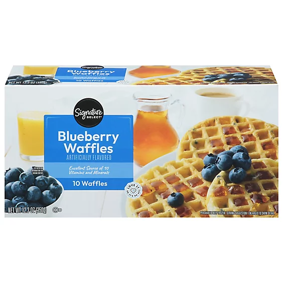 Box of Signature SELECT blueberry waffles with syrup, blueberries, and orange juice pictured on the packaging; contains 10 waffles