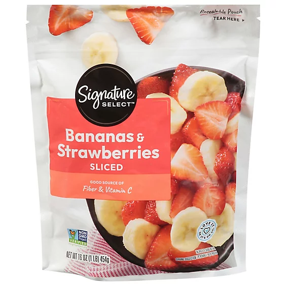Bag of Signature SELECT sliced bananas and strawberries; label highlights fiber and vitamin C, non-GMO, and freshness maintained with resealable pouch