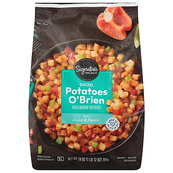 Signature SELECT diced potatoes O'Brien packaging featuring hash brown potatoes with onions and peppers, 28 oz size