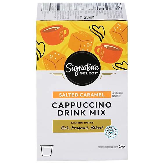 Salted Signature SELECT Caramel Cappuccino Drink Mix box, featuring tasting notes of rich, fragrant, and robust