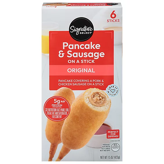 Box of Signature Select Pancake & Sausage on a Stick with pork and chicken, highlighting 5 g protein per serving; perfect for dipping