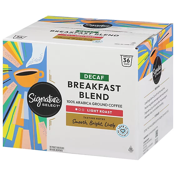 Box of Signature SELECT Decaf Breakfast Blend coffee pods, 100% Arabica, light roast, with smooth, bright, lively tasting notes