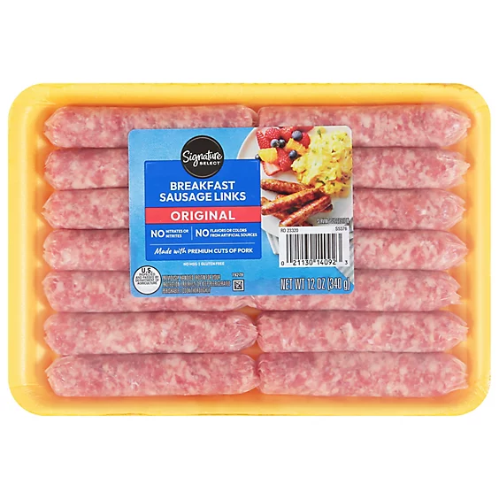 Pack of breakfast sausage links in a clear tray, labeled "Original" with no preservatives or artificial flavors, highlighting premium pork cuts