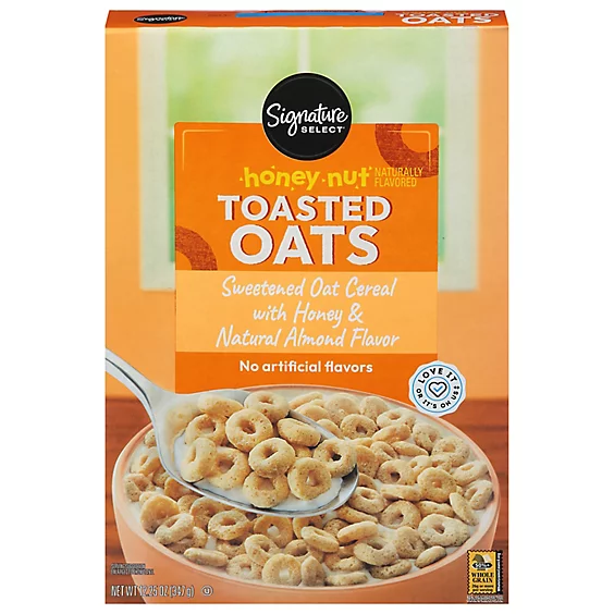 Box of Signature SELECT Honey Nut Toasted Oats cereal with a spoonful of cereal