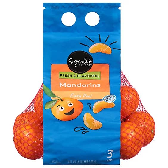 Bag of Signature SELECT mandarins labeled "Easy Peel," featuring an illustration of a smiling mandarin with slices