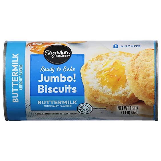 Can of Signature SELECT Ready to Bake Jumbo Buttermilk Biscuits, showing baked biscuits with butter and text highlighting 8 biscuits, 16 oz
