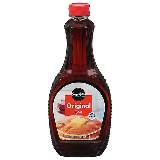 Bottle of Signature SELECT Original Syrup, featuring pancakes with syrup and butter on the label