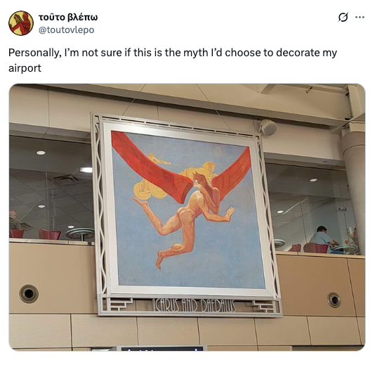 Large painting of Icarus and Daedalus in an airport, featuring Icarus with wings and a flowing red scarf, captioned with a humorous tweet