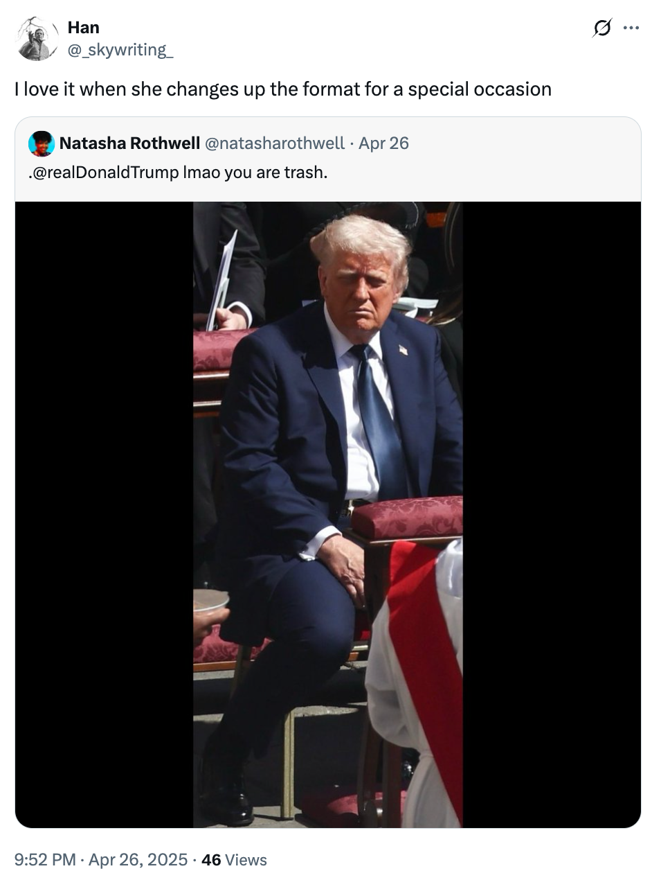 Donald Trump seated in a suit at a formal event, surrounded by others in similar attire. Text above reads, "I love it when she changes up the format for a special occasion."