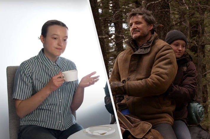 Person drinking tea is in a striped shirt; other image shows two people on a motorcycle in winter clothing in a forest setting