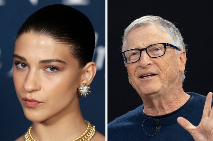 Two people in separate images: one in formal attire with striking earrings, another in casual wear speaking, both appearing at public events