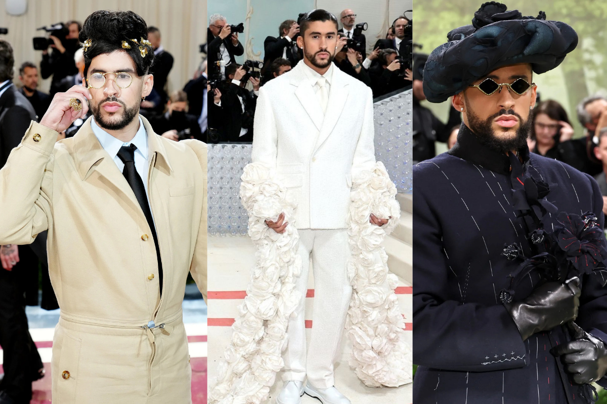 Three images of a man in various stylish outfits at different fashion events, featuring unique hairstyles and accessories