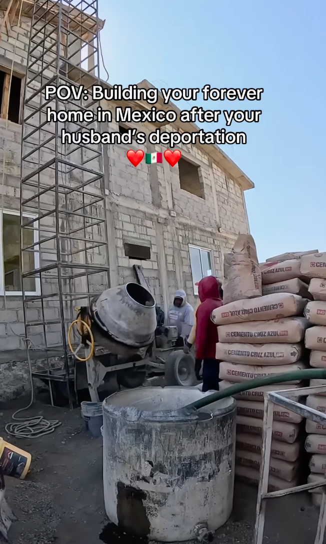 People at a construction site in Mexico building a home with bags of cement, alongside text about building after a husband’s deportation