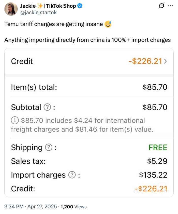 Tweet by Jackie about Temu import tariffs being very high, showing a purchase totaling $226.21, with $135.22 as import charges