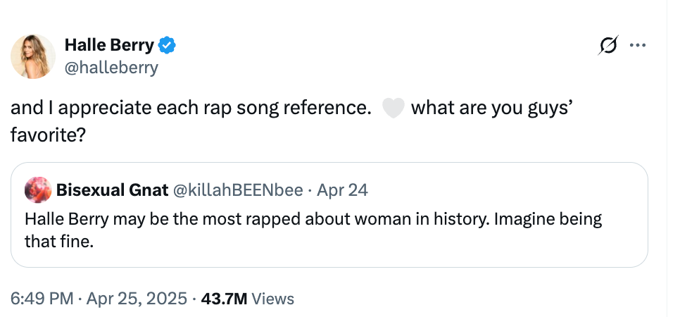 Tweet from Halle Berry responding to a user, discussing being referenced in many rap songs and asking followers about their favorite