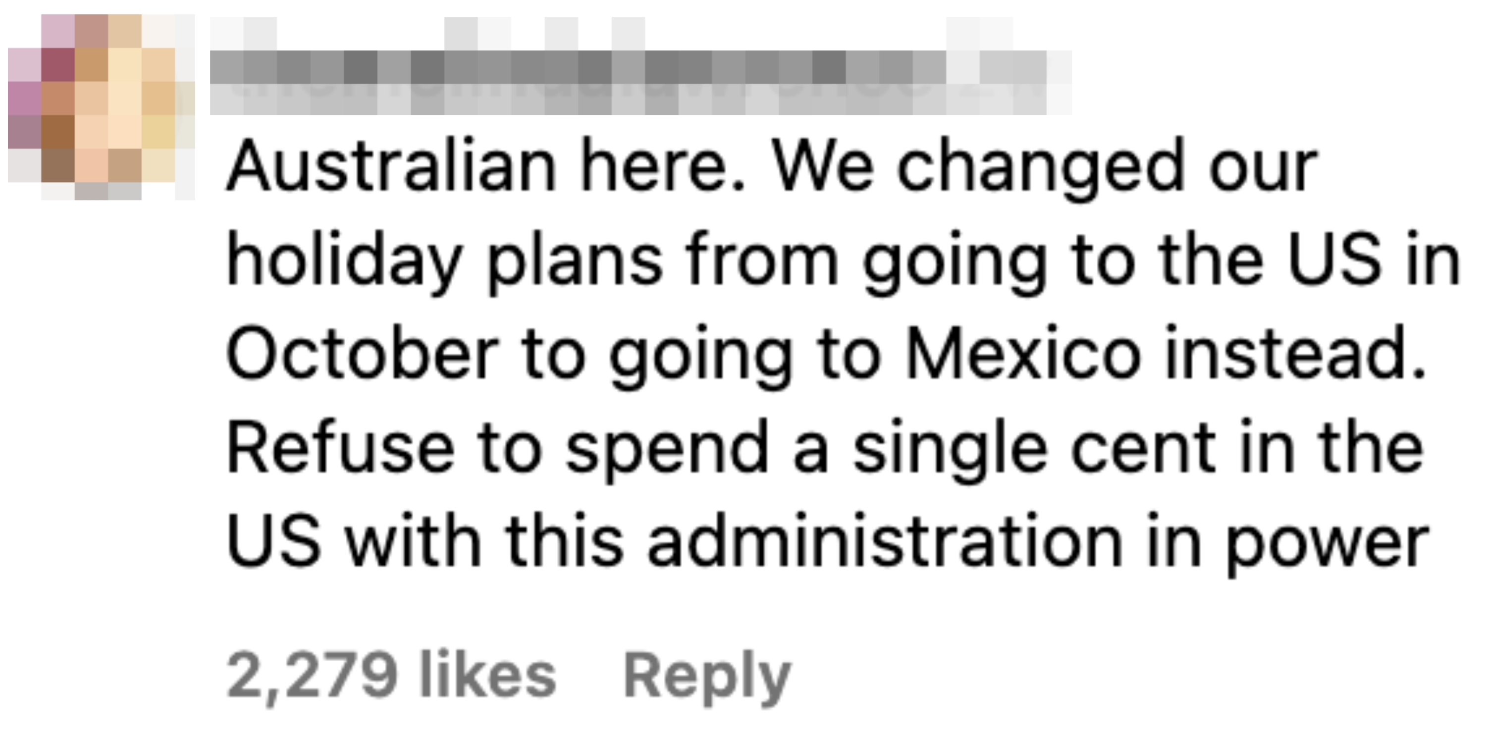 Instagram post by user stating they changed travel plans from the US to Mexico due to the current US administration
