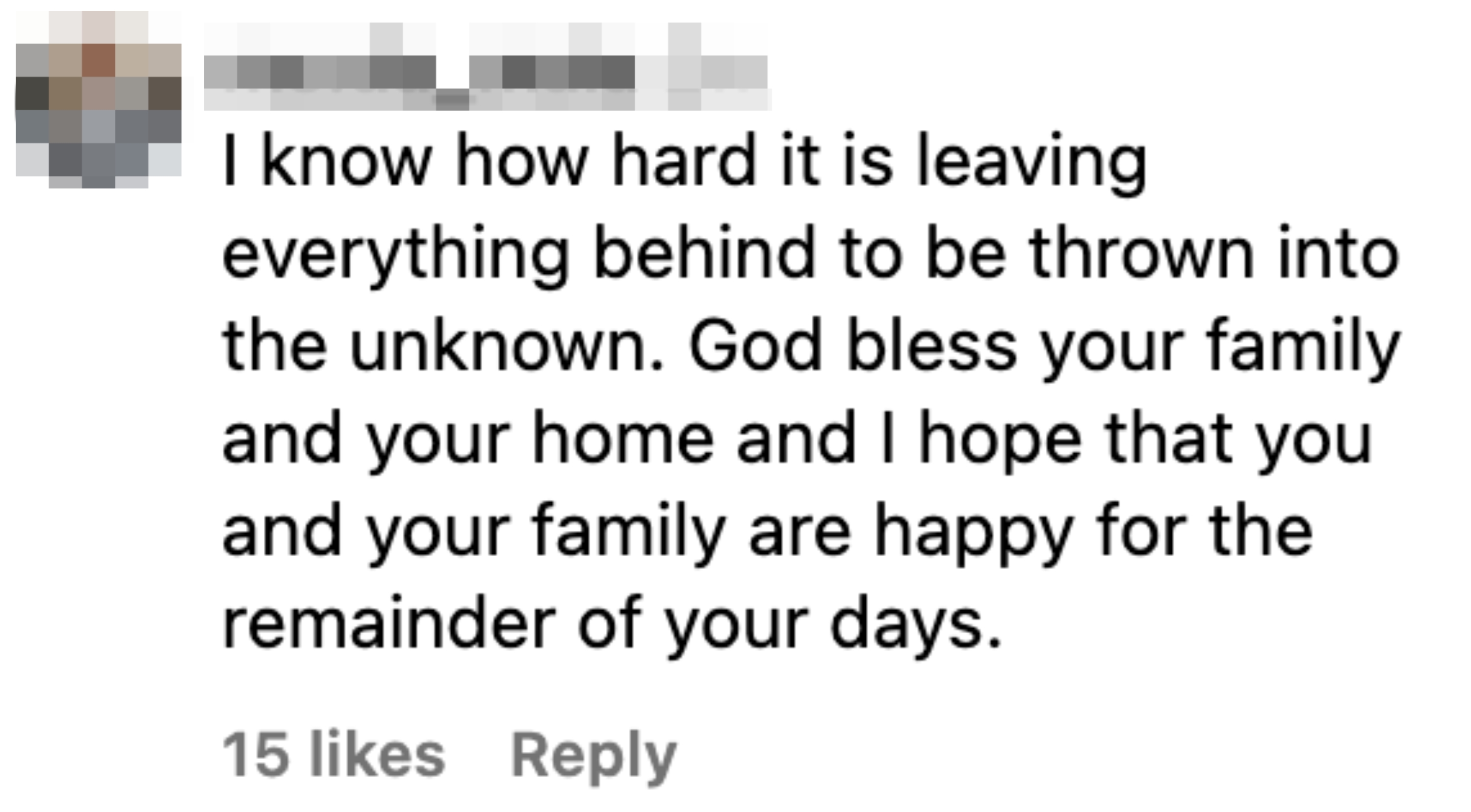 Comment wishing someone happiness and blessings as they transition into a new phase of life, with 15 likes