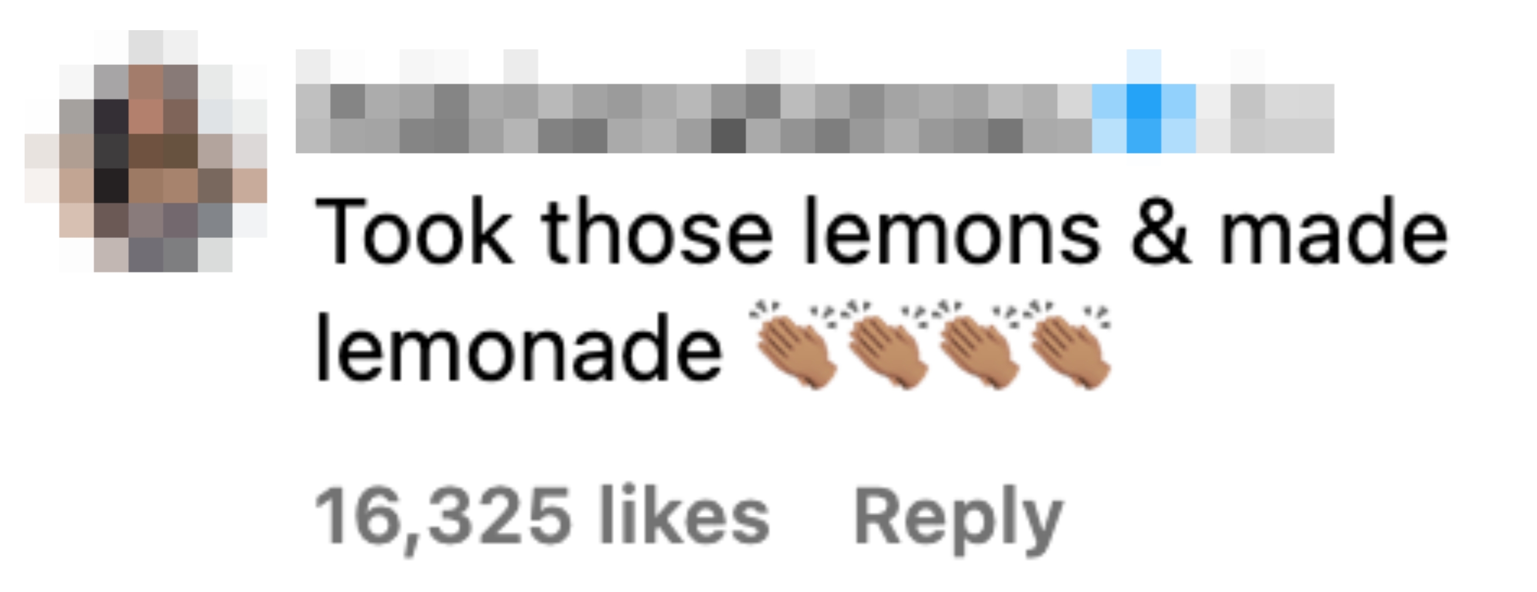Instagram post: "Took those lemons & made lemonade" with clapping emojis. 16,325 likes