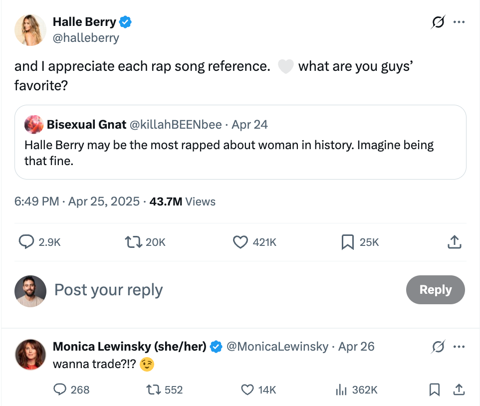 Tweet by Halle Berry with a tweet mentioning her as the most rapped about woman. Monica Lewinsky replies humorously asking to trade