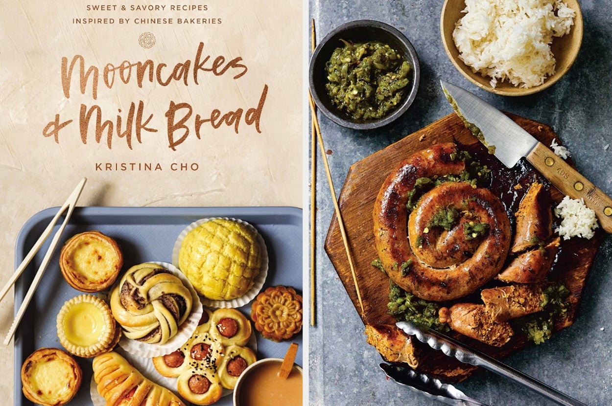 Cover of "Mooncakes & Milk Bread" by Kristina Cho, showing a variety of Chinese pastries and a savory dish with rice, sausage, and vegetables